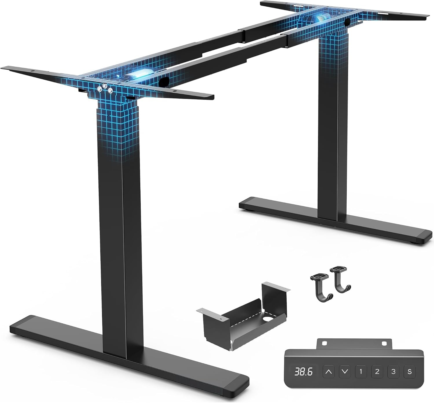 Huuger Dual Motor Electric Standing Desk Frame, Sit Stand up Desk Leg for 47.2 inch to 86.6 inch Desktop, Computer Desk Leg with Cable Tray, 3 Memory Height Presets, 2 Hooks, Black Frame Only