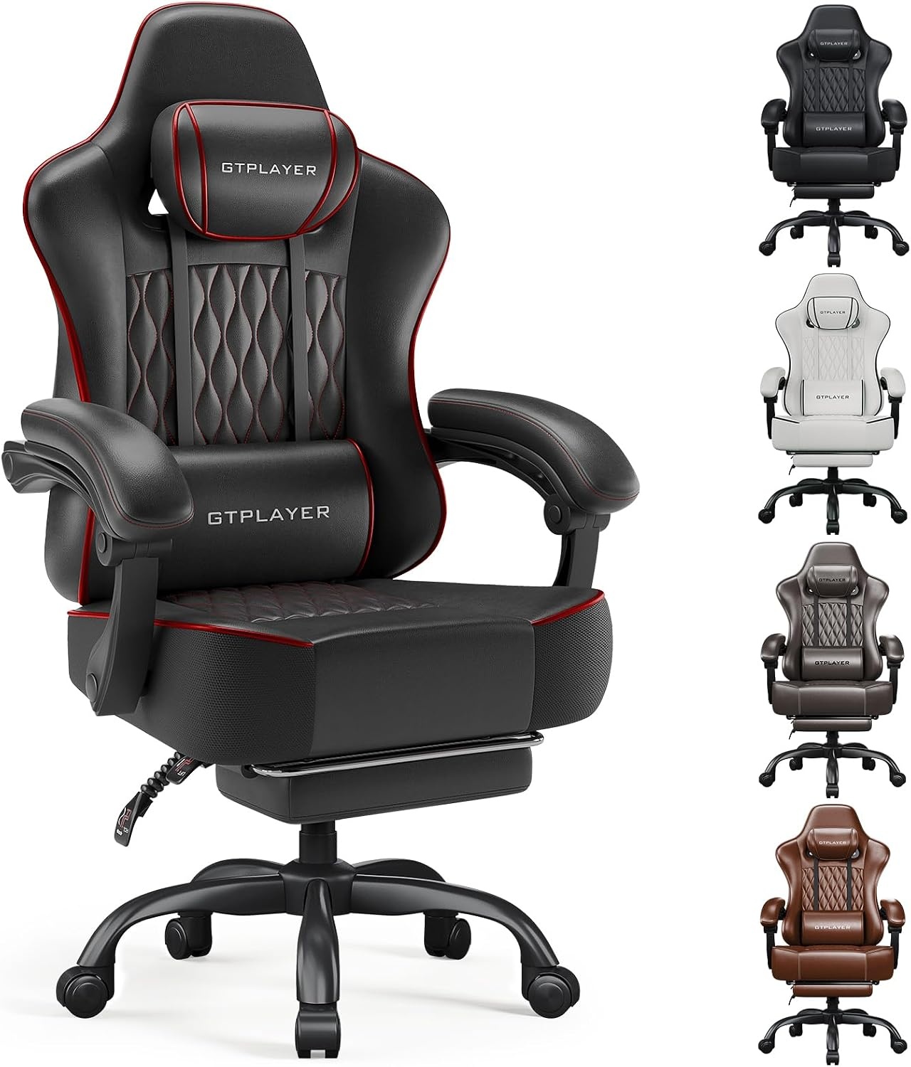 GTPLAYER Gaming Chair, Computer Office Chair with Pocket Spring Cushion, Linkage Armrests, Comfortable Leather Computer Chair, Black & Red