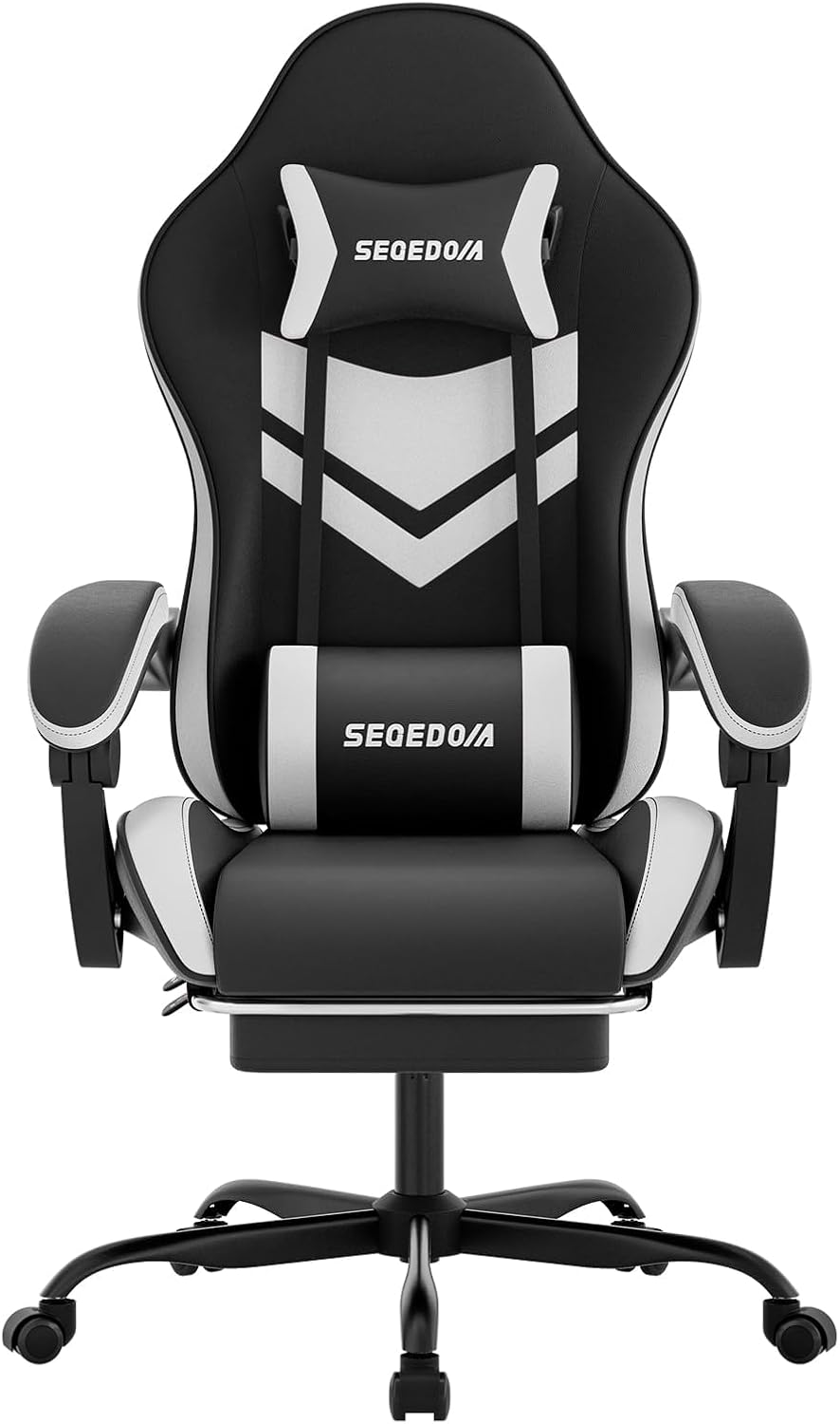 Gaming Chair with Footrest &amp; Massage Lumbar Support, PU Leather Ergonomic High Back Swivel Height Adjustable Chair for Adults, Office Gaming, 300 lbs (Black White)