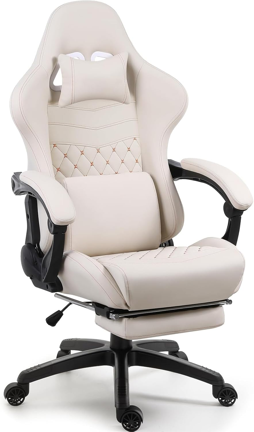LUCKRACER Gaming Chair with Massage and Footrest, Ergonomic High Back PU Leather Computer Office Chair
